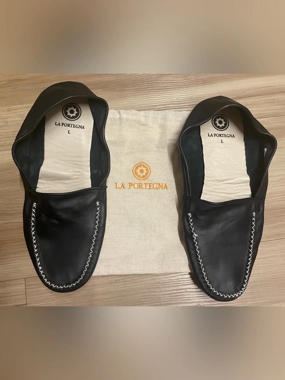 La Portegna - mens Black Leather European style slippers with Contrast Stitch